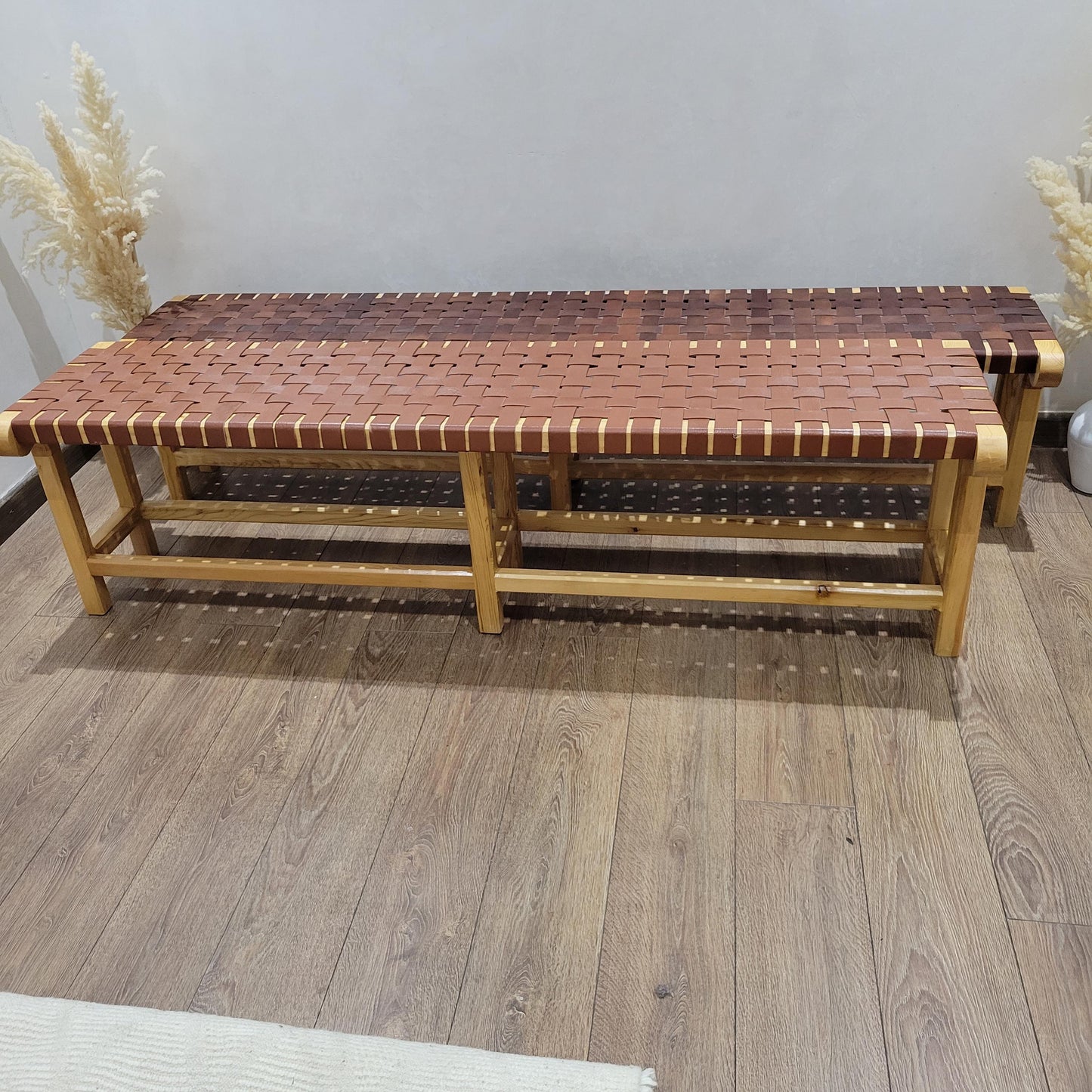 Woven Leather Bench — paired with neutral home decor