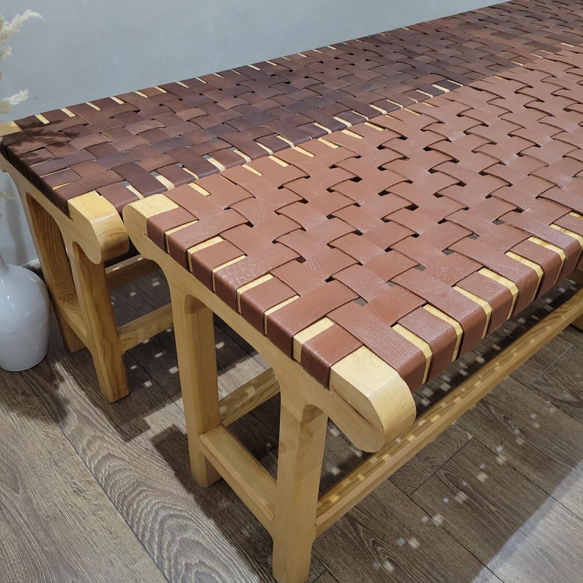 Woven Leather Bench — back view of leather construction