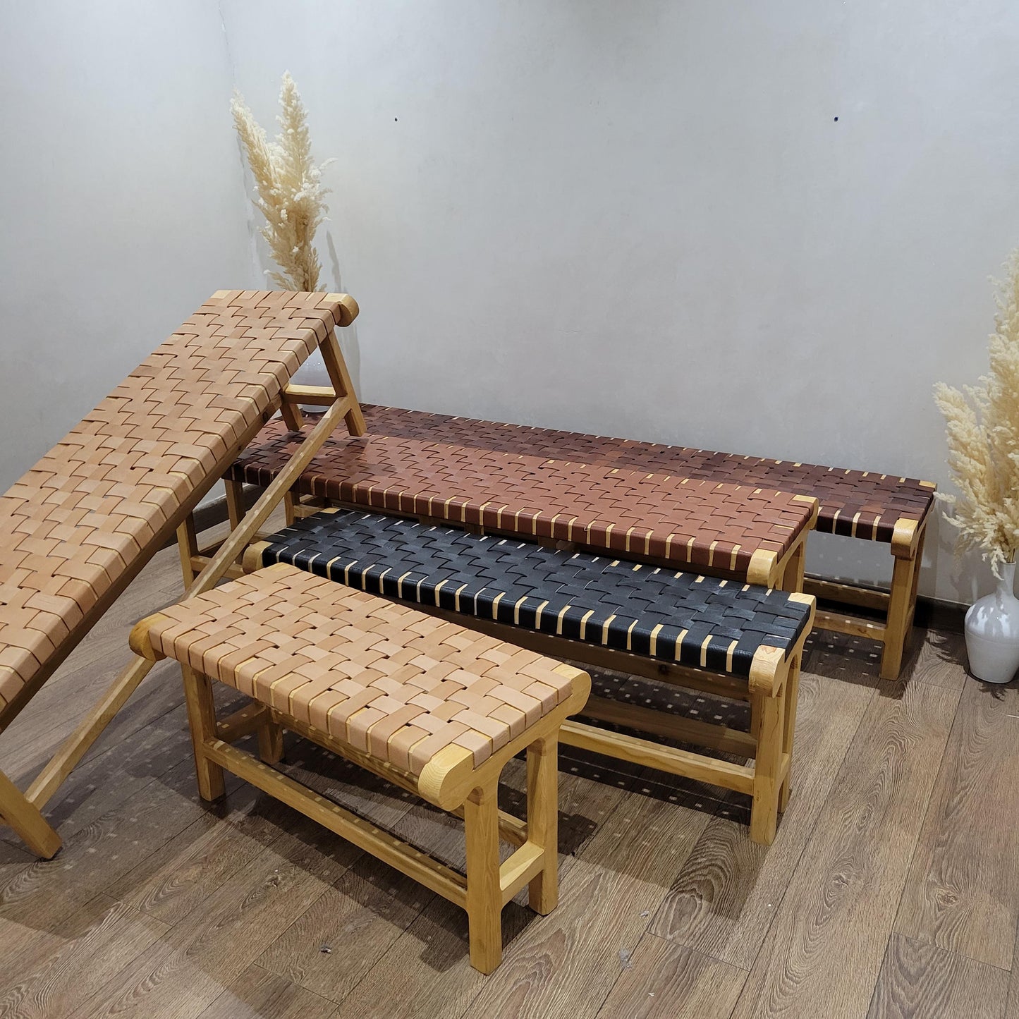 Ultra Luxury Woven Leather Bench — Artisan Solid Wood