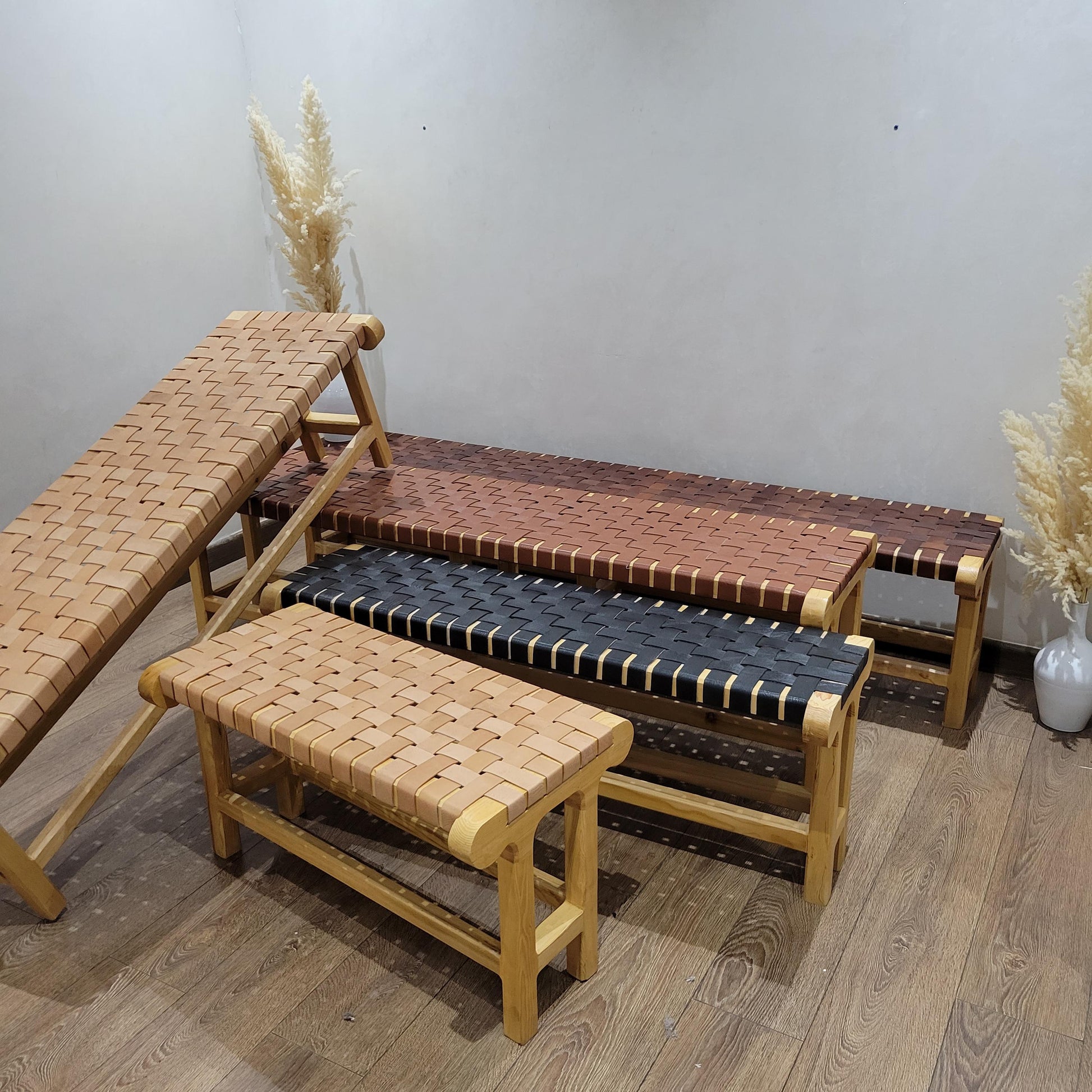Ultra Luxury Woven Leather Bench — Artisan Solid Wood