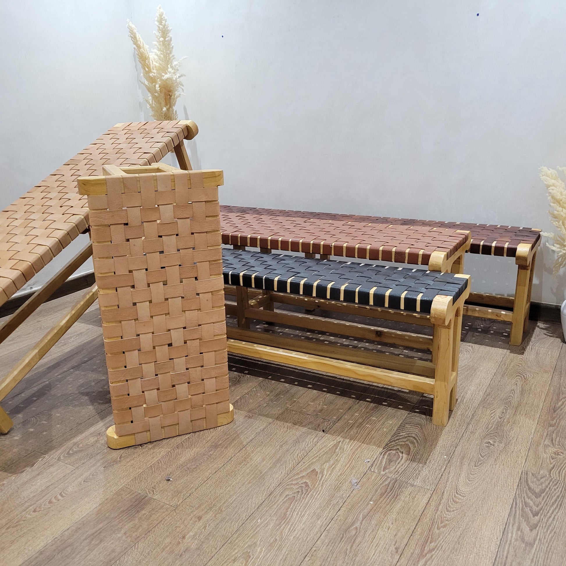 Woven Leather Bench — alternate angle showing scale