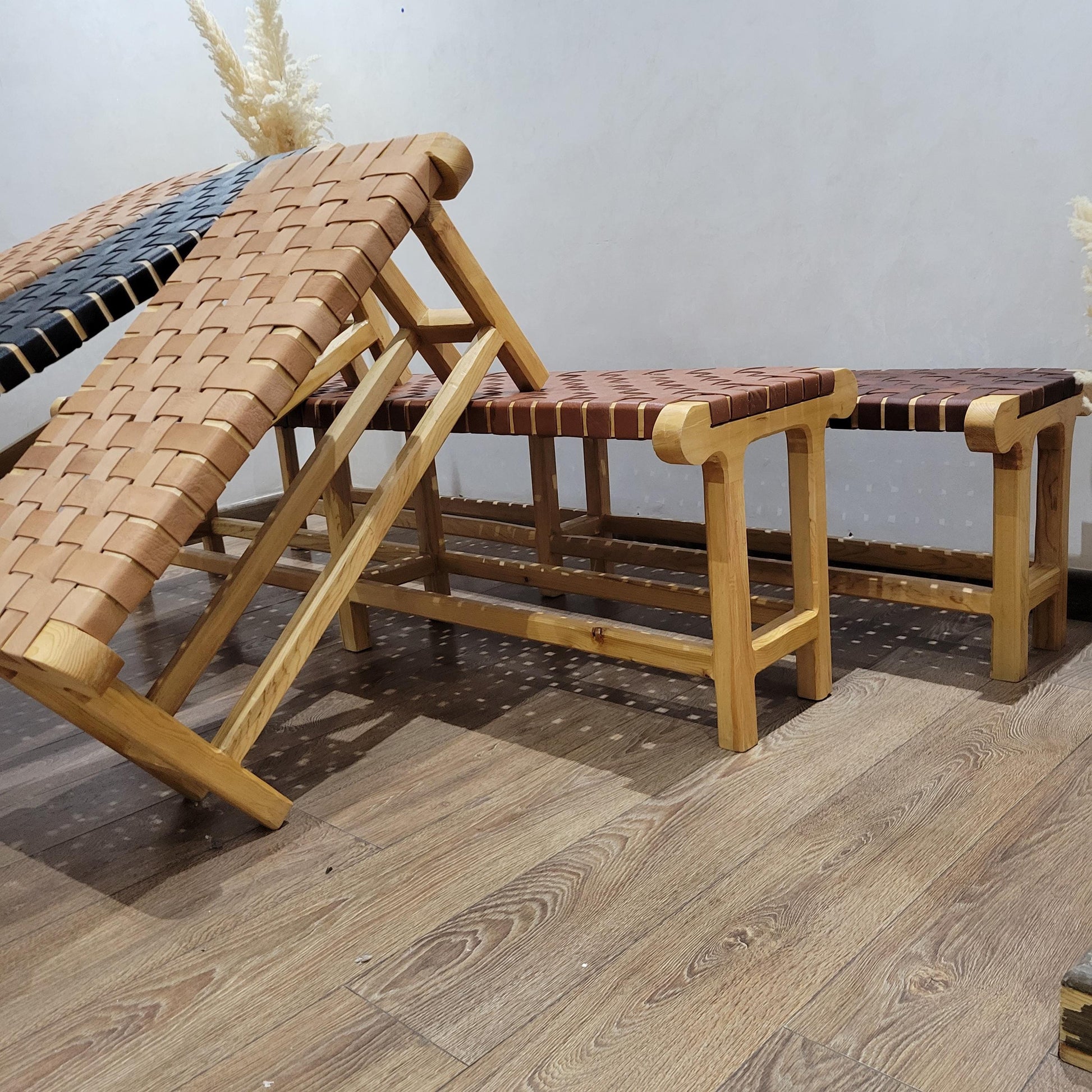 Woven Leather Bench — lifestyle scene in a US home