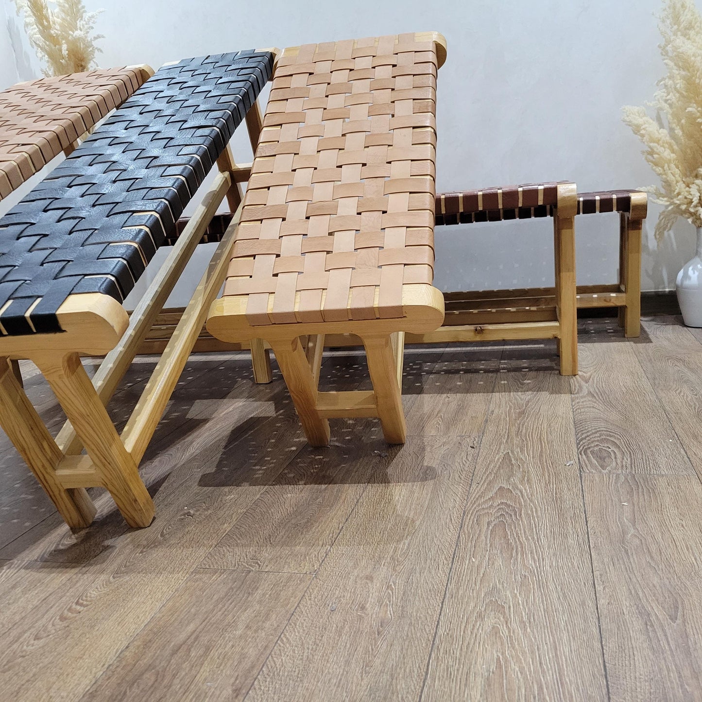 Woven Leather Bench — back view of leather construction