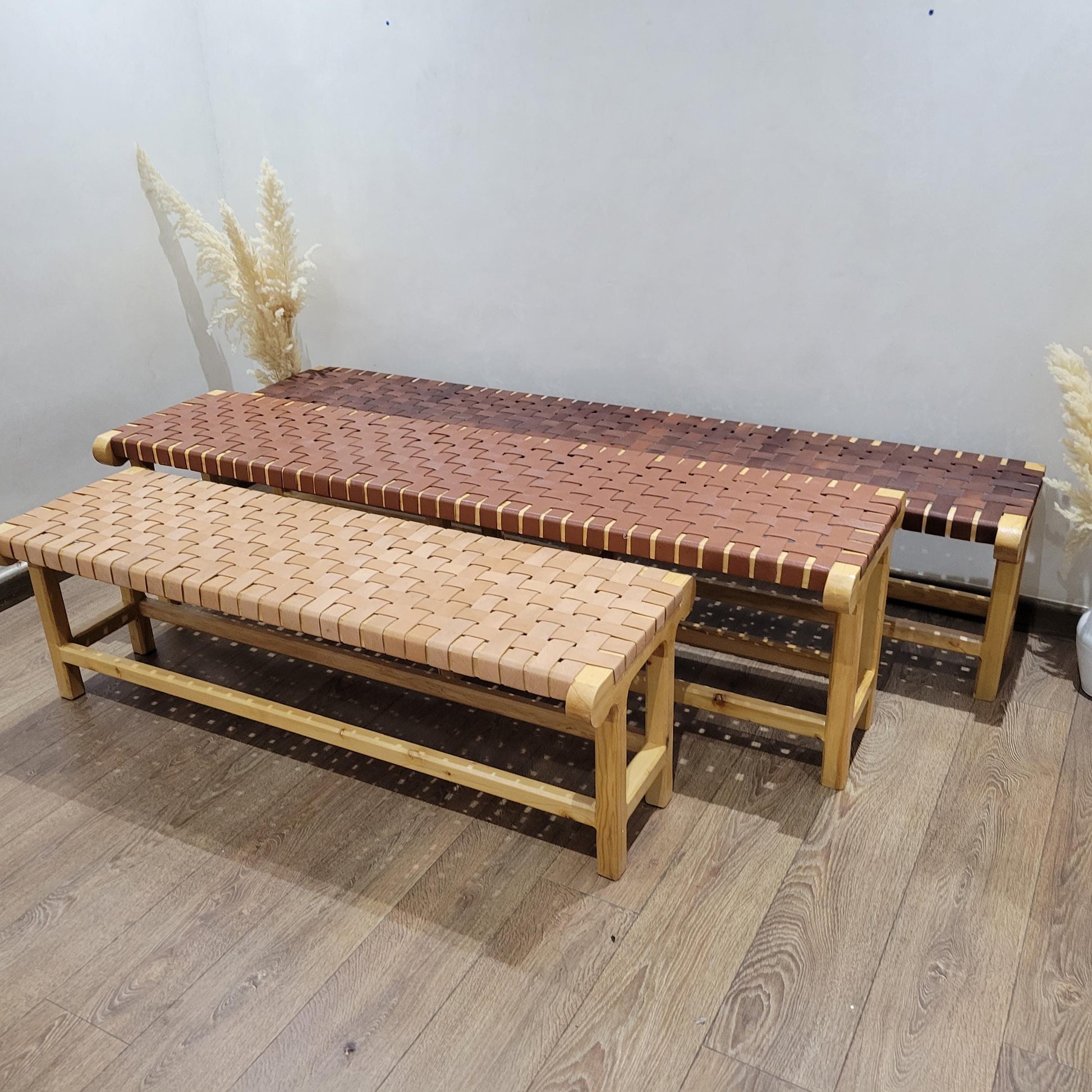 Minimalist Woven Leather Bench — Solid Wood Artisan