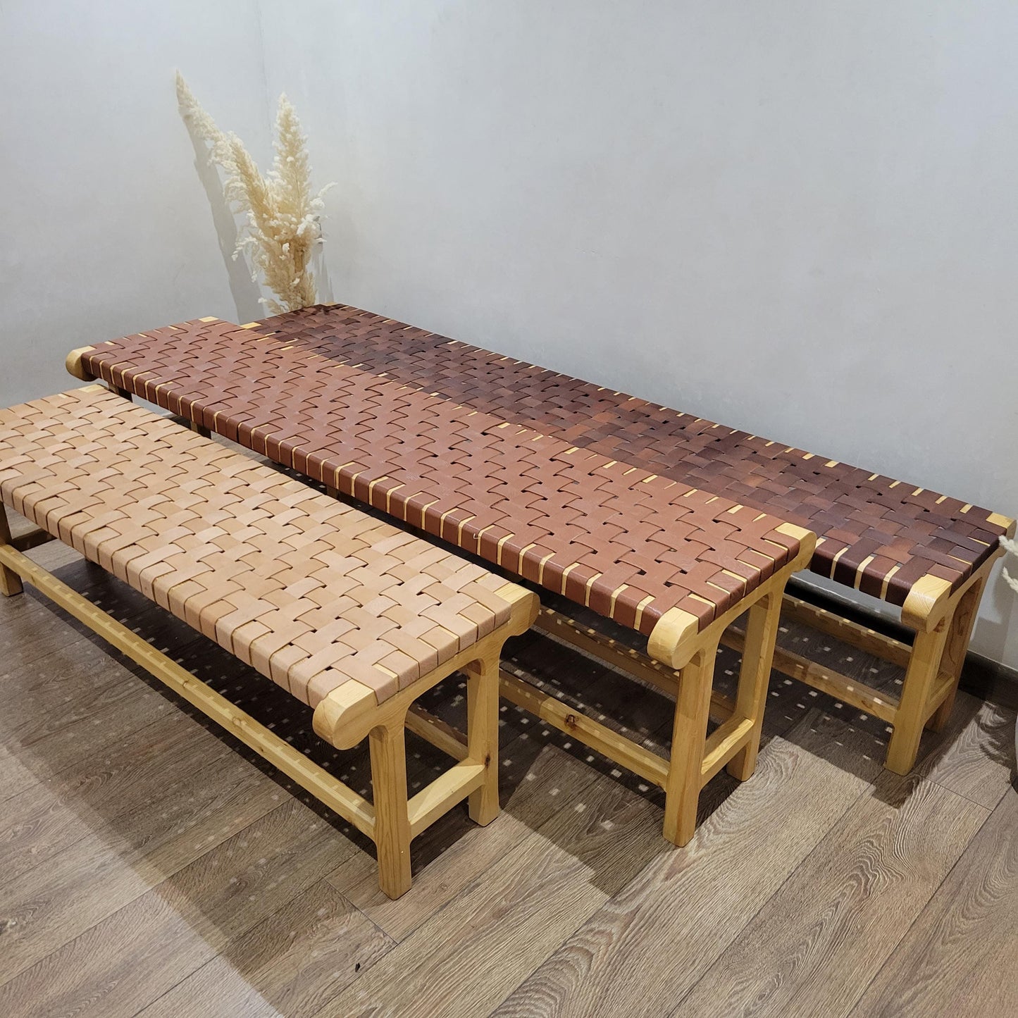 Woven Leather Bench — styled in a modern boho living room