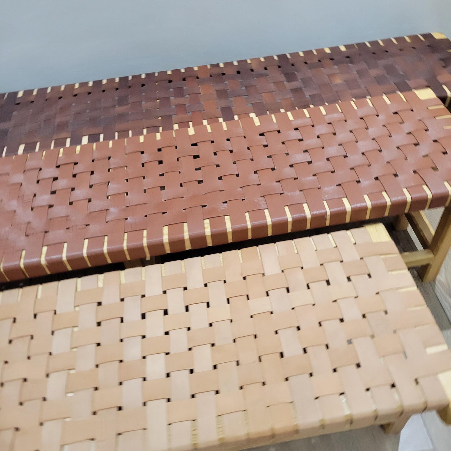 Woven Leather Bench — three-quarter angle