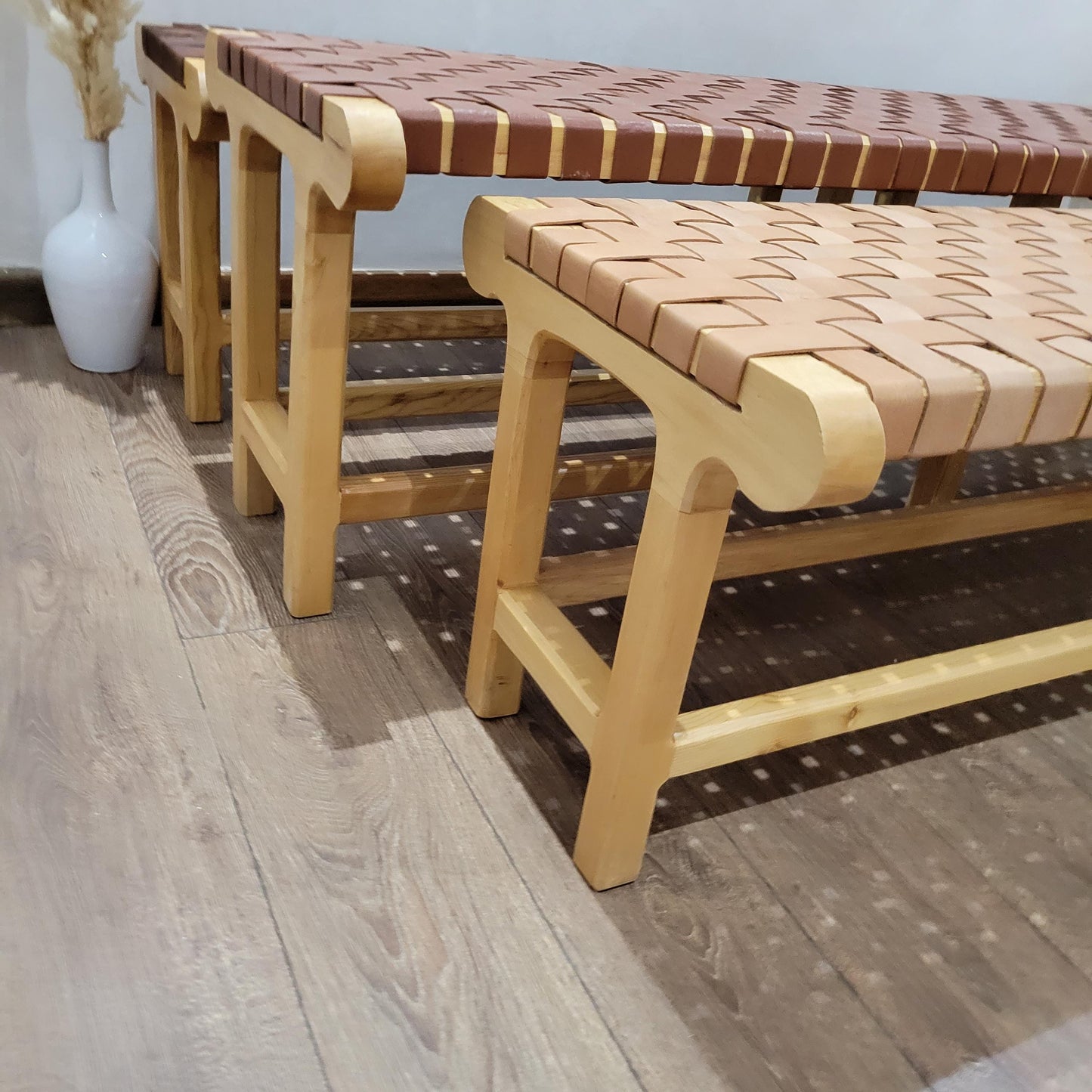 Woven Leather Bench — accent piece in bohemian interior