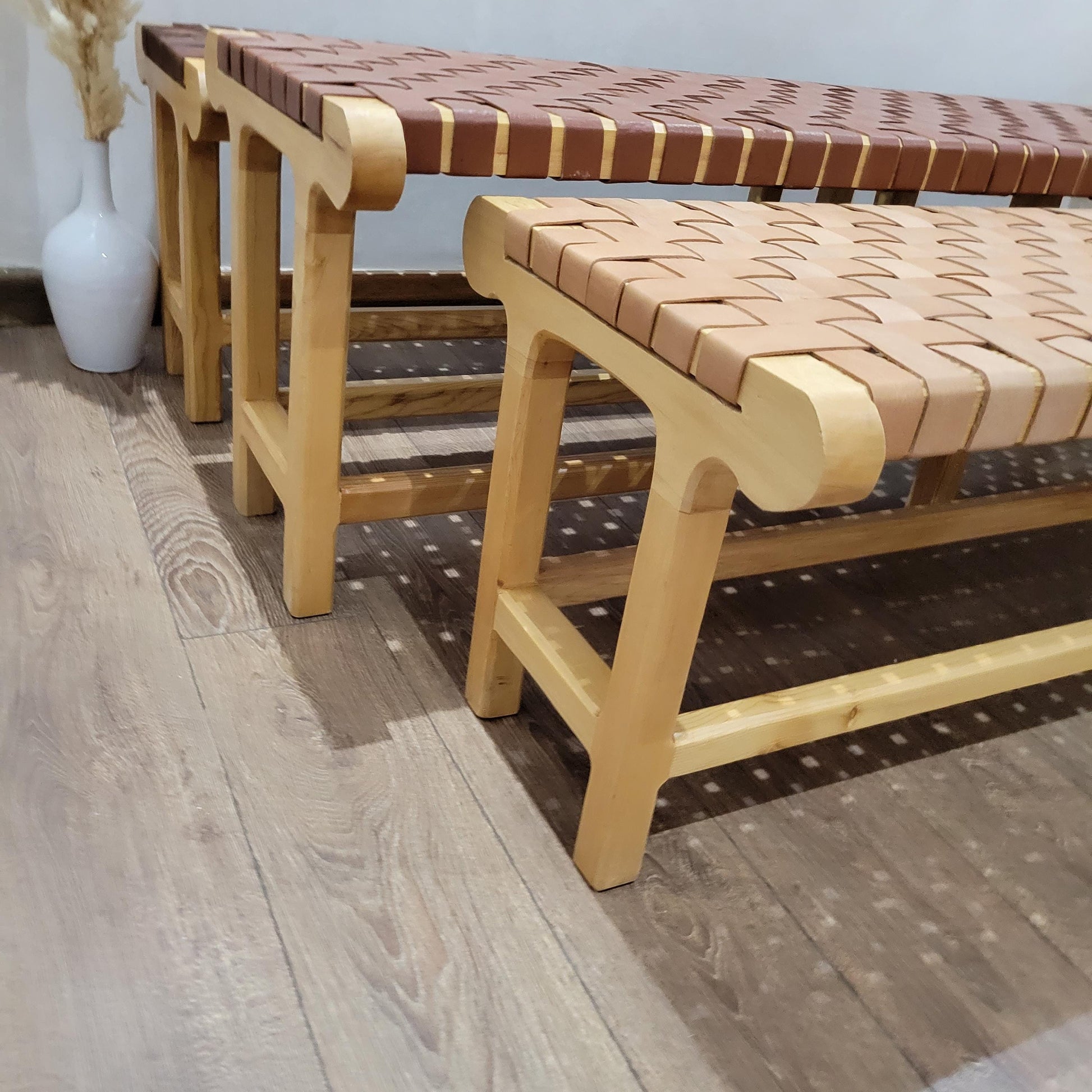 Woven Leather Bench — accent piece in bohemian interior