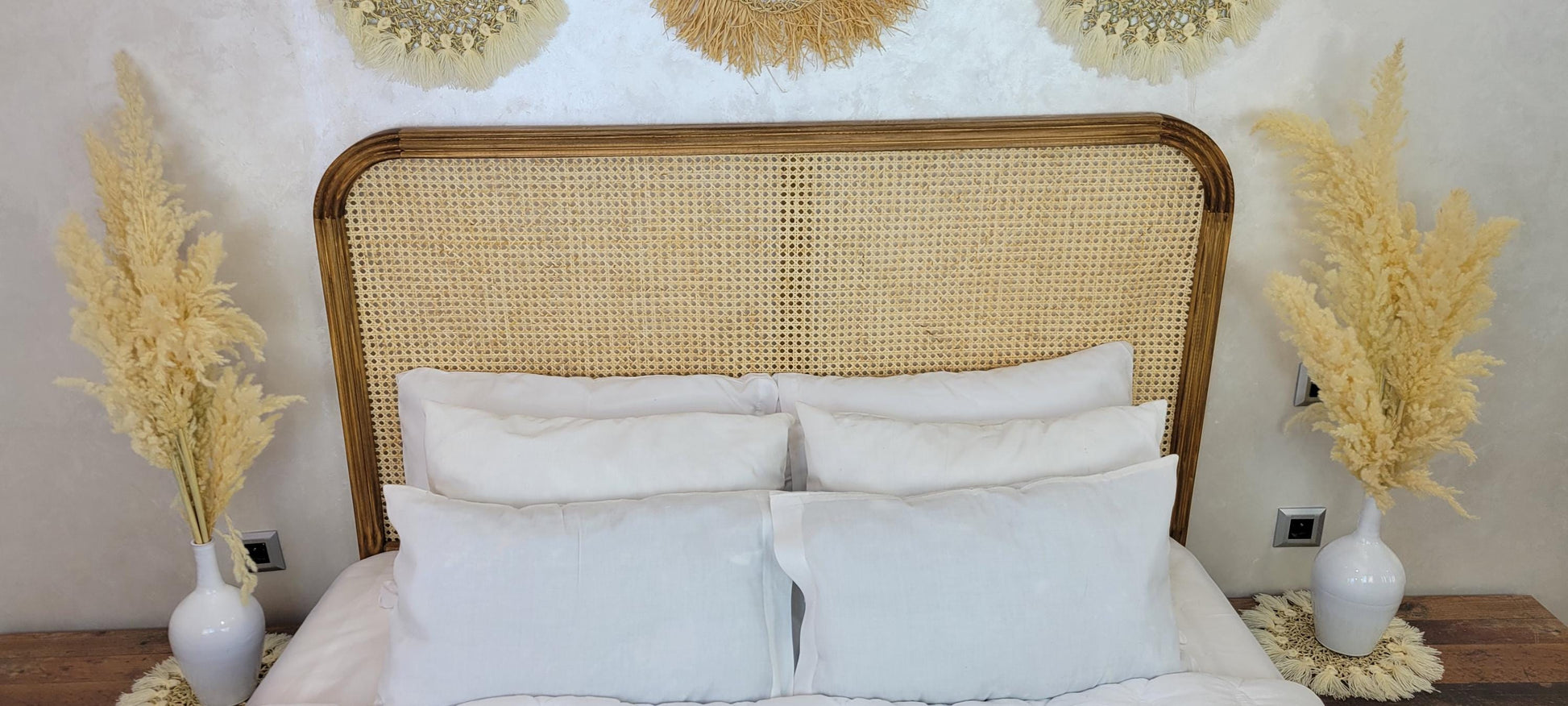 Rattan Headboard — side view of artisan stitching