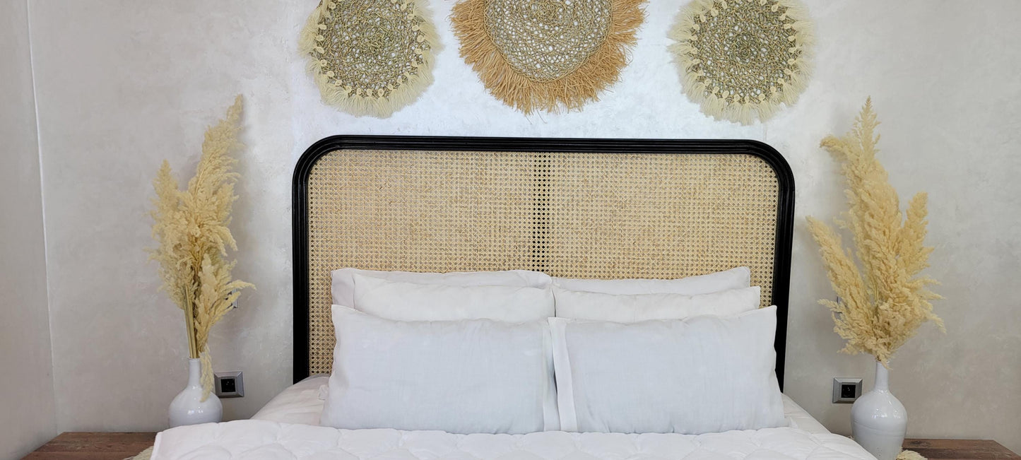 Rattan Headboard — side view of artisan stitching