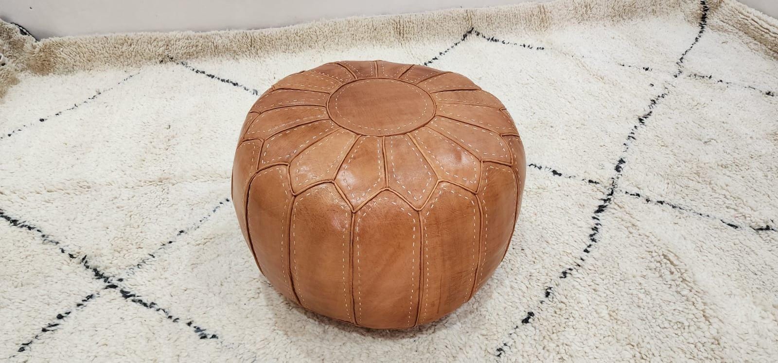Moroccan Leather Pouf — top view showing weave pattern