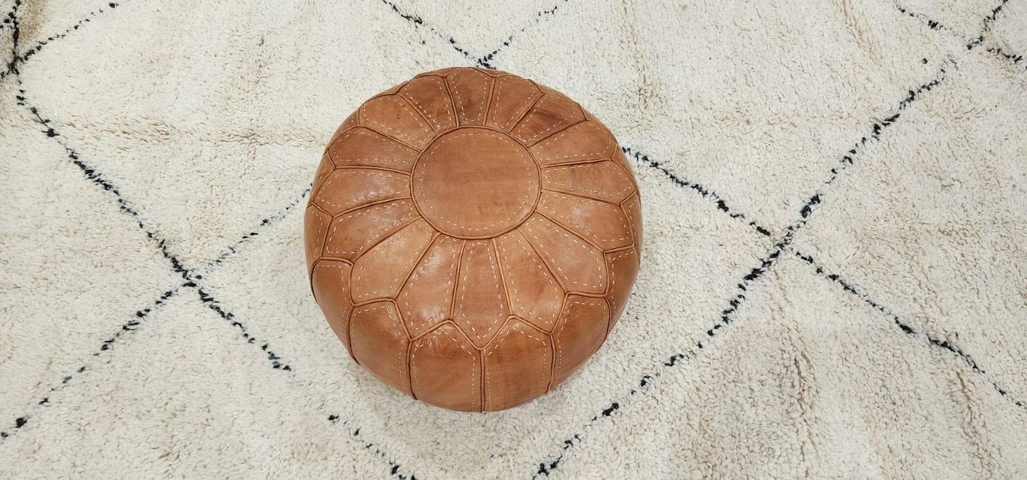 Moroccan Leather Pouf — side view of artisan stitching