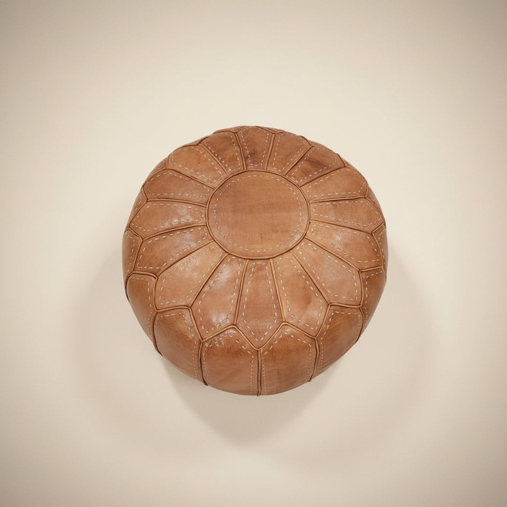 Moroccan Leather Pouf Ottoman — Handmade Round Footstool