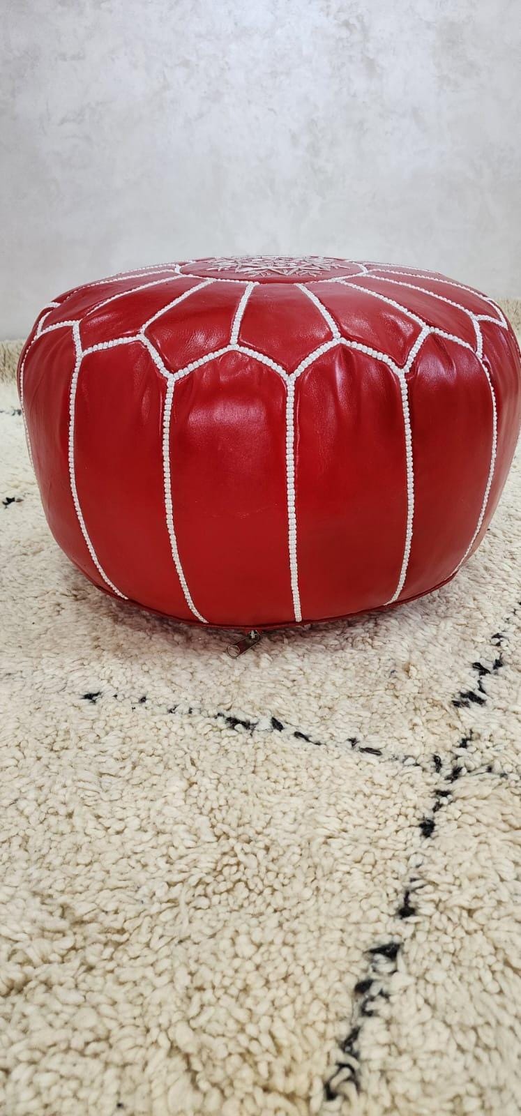 Moroccan Leather Pouf — top view showing weave pattern
