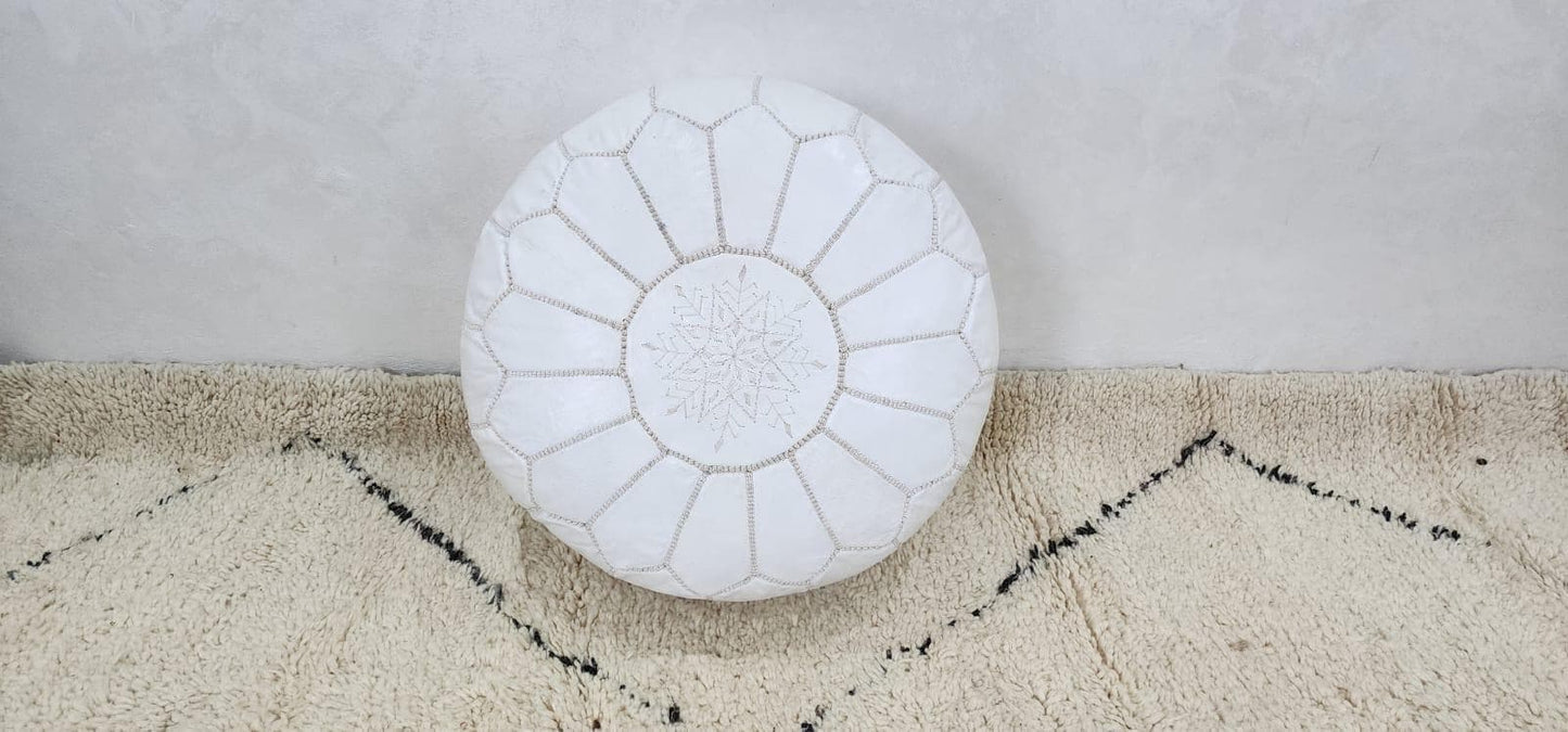 Moroccan Leather Pouf — styled in a modern boho living room