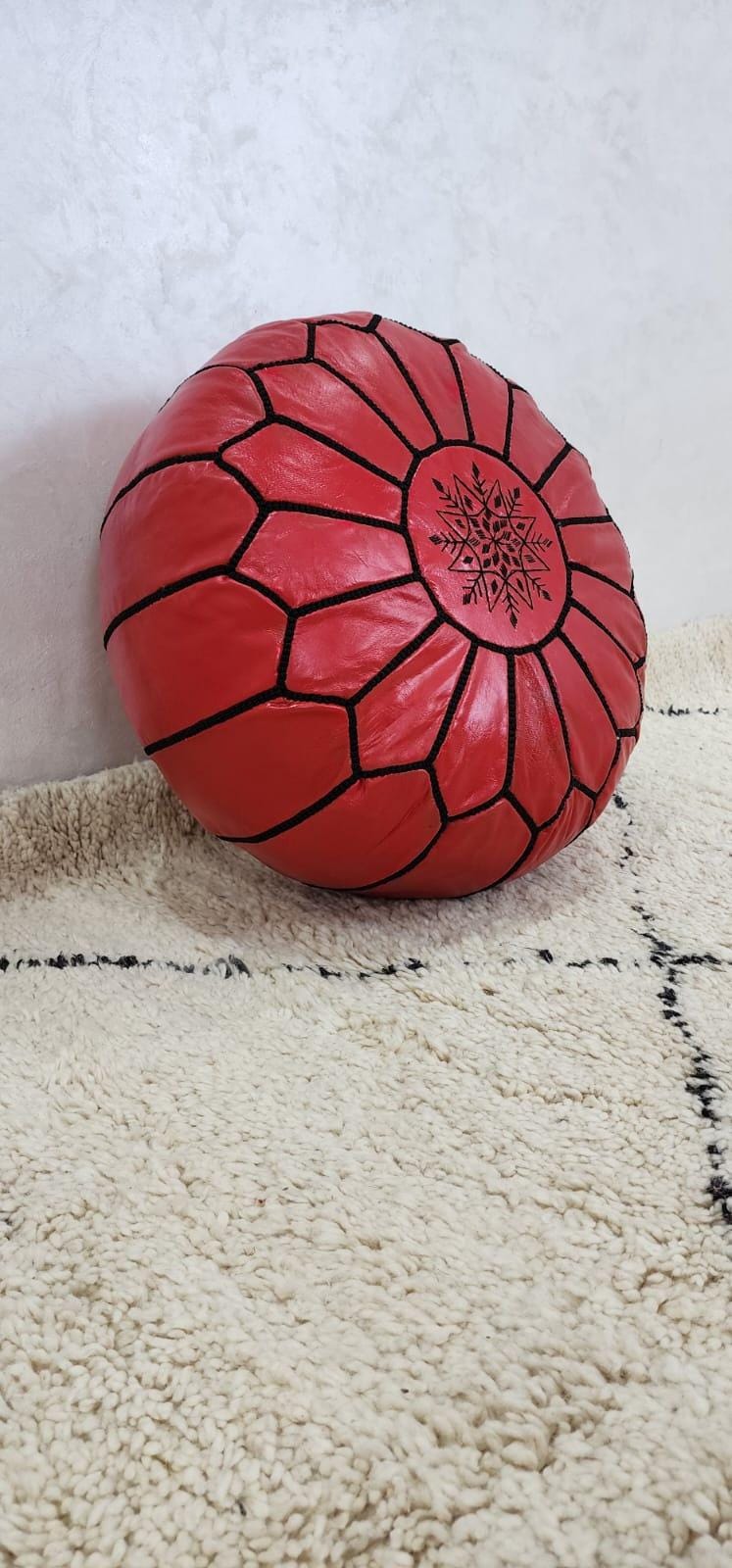 Moroccan Leather Pouf — side view of artisan stitching