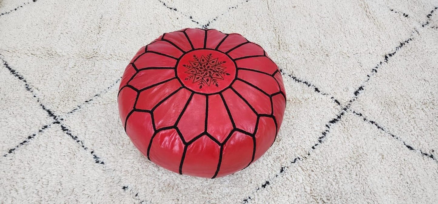 Moroccan Leather Pouf — styled in a modern boho living room