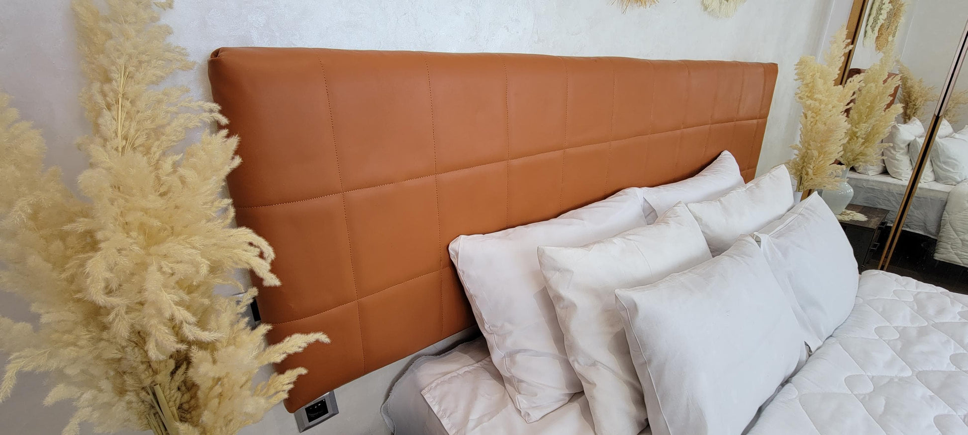 Upholstered Leather Headboard — detail of woven craftsmanship